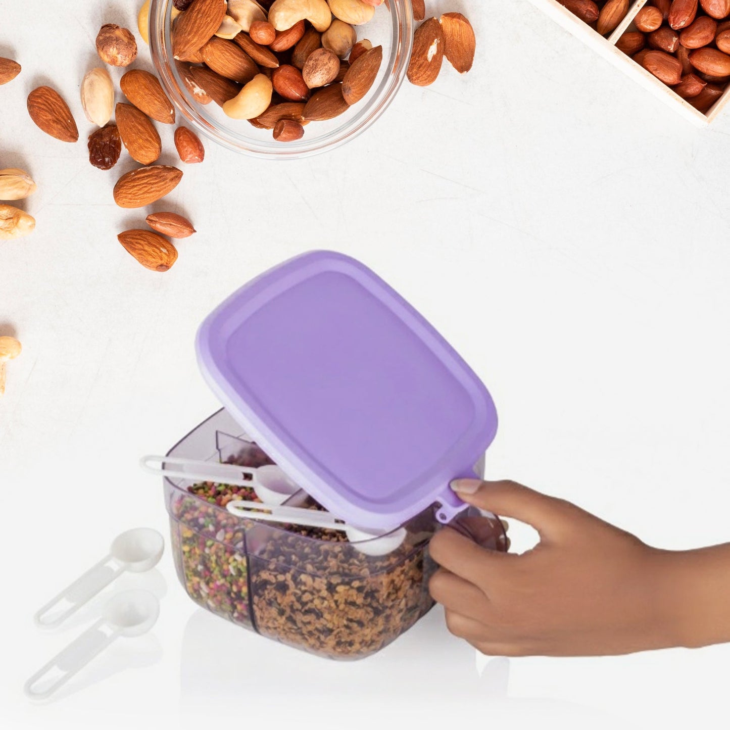 5784 Multipurpose Dry fruit Set, Chocolate, Snacks Storage Box, Masala Box for Home and Kitchen Airtight Dry Fruit Plastic Storage Container Tray Set With Lid & 4 Compartment, 4 Spoon Container for Sweets,Chips,Cookies | (1 Pc )
