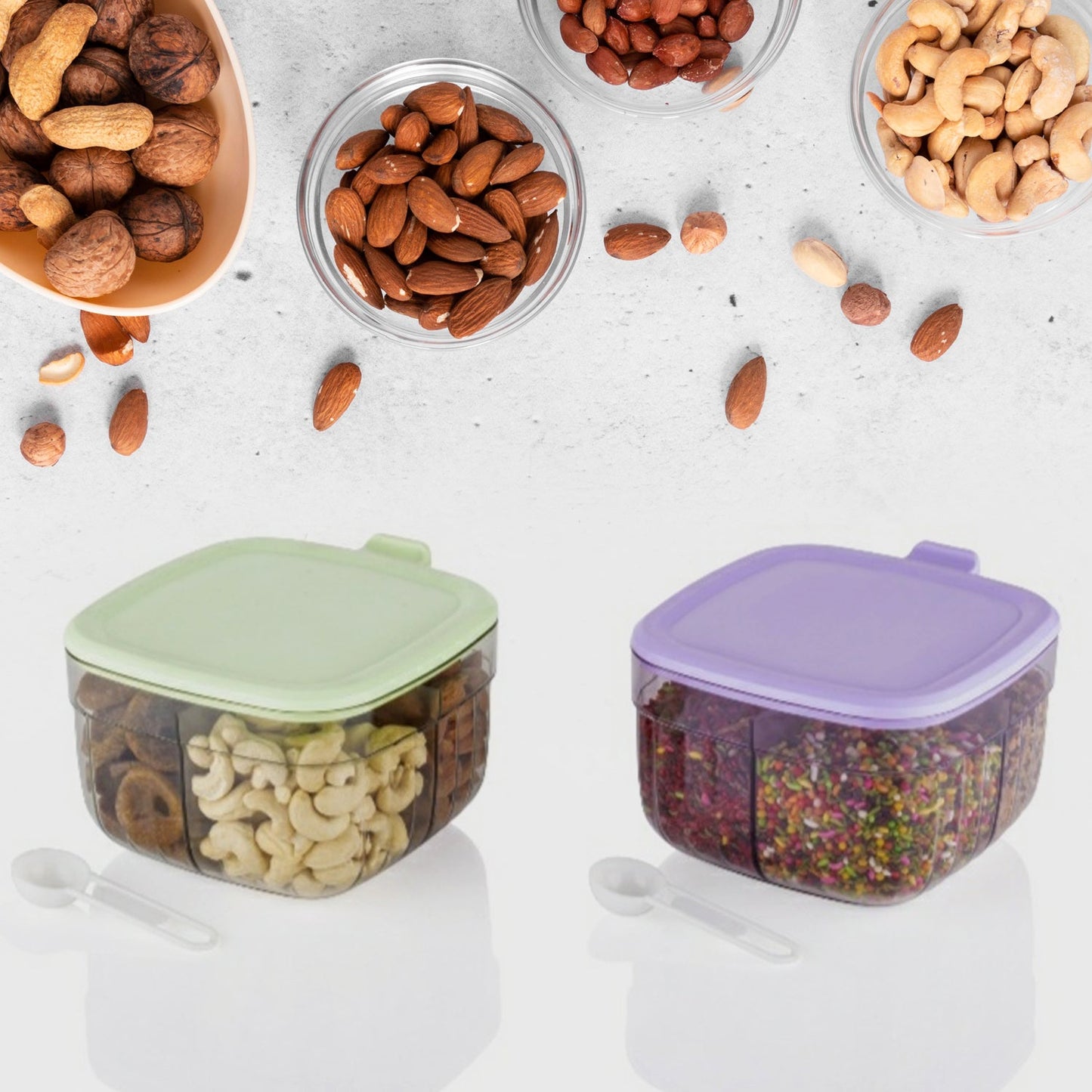5784 Multipurpose Dry fruit Set, Chocolate, Snacks Storage Box, Masala Box for Home and Kitchen Airtight Dry Fruit Plastic Storage Container Tray Set With Lid & 4 Compartment, 4 Spoon Container for Sweets,Chips,Cookies | (1 Pc )