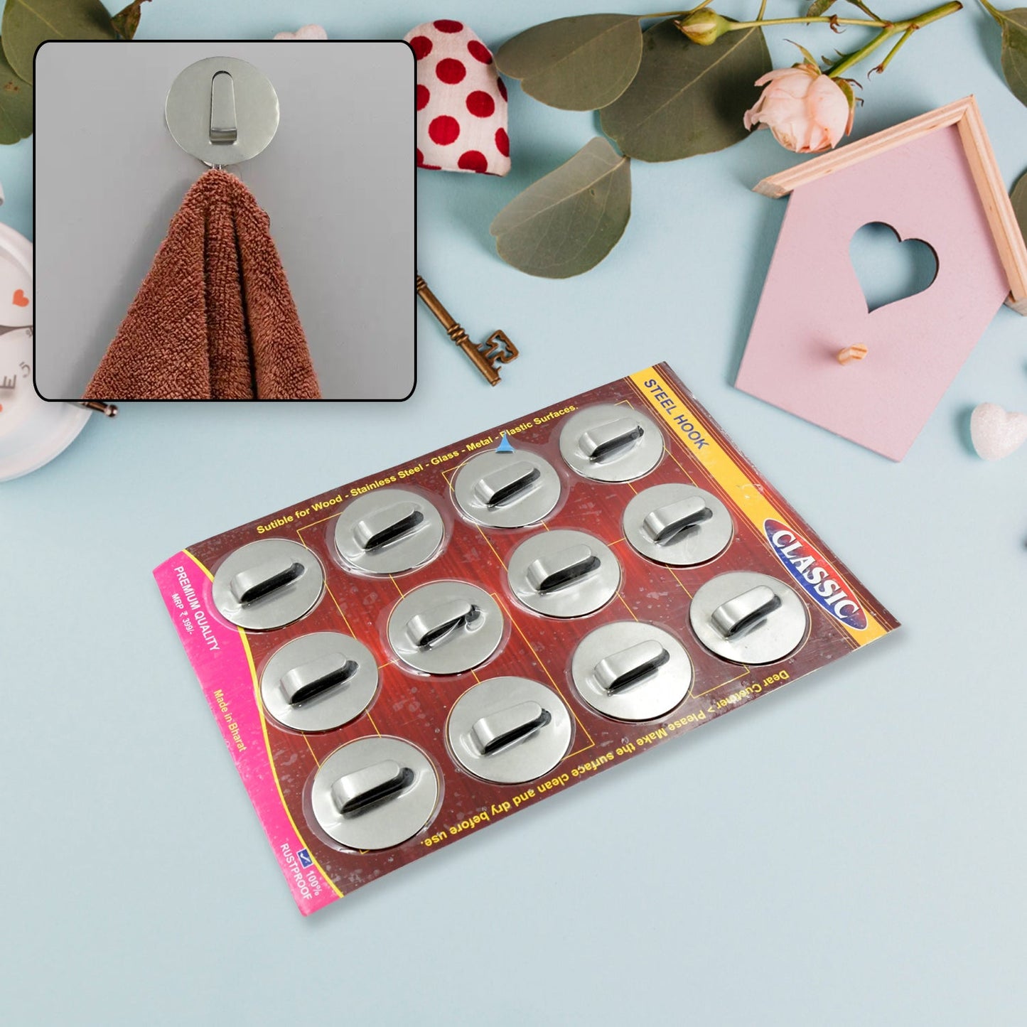 9413 Multipurpose Steel Wall hanging hook 12 pc, Self Adhesive Wall Hanging Hooks Sticker Hook, Suitable For: Wall Paper, Calender, Bathroom Tiles, Kitchen, Key Hange and etc Hook 12 (Pack of 12)