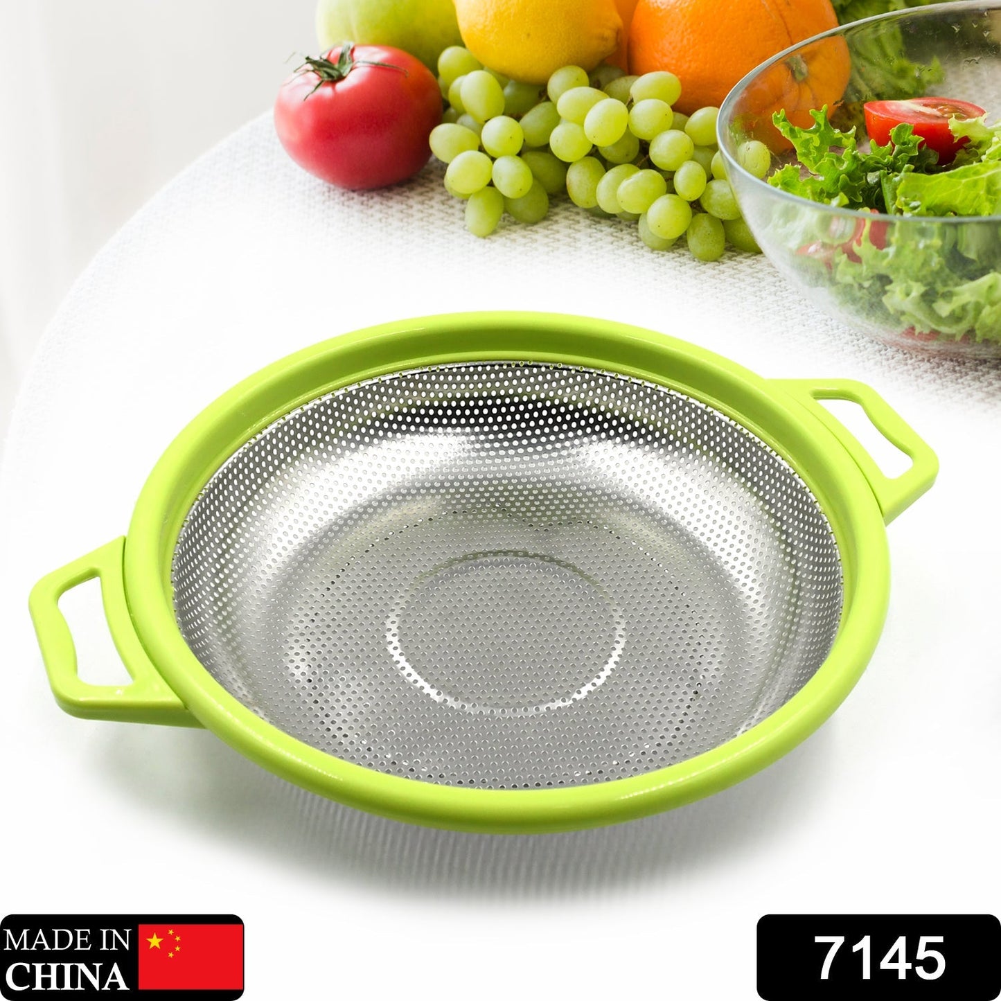 7145 Stainless Steel Colander with Handle, Large Metal Green Strainer for Pasta, Spaghetti, Berry, Veggies, Fruits, Kitchen Food Colander, Dishwasher Safe