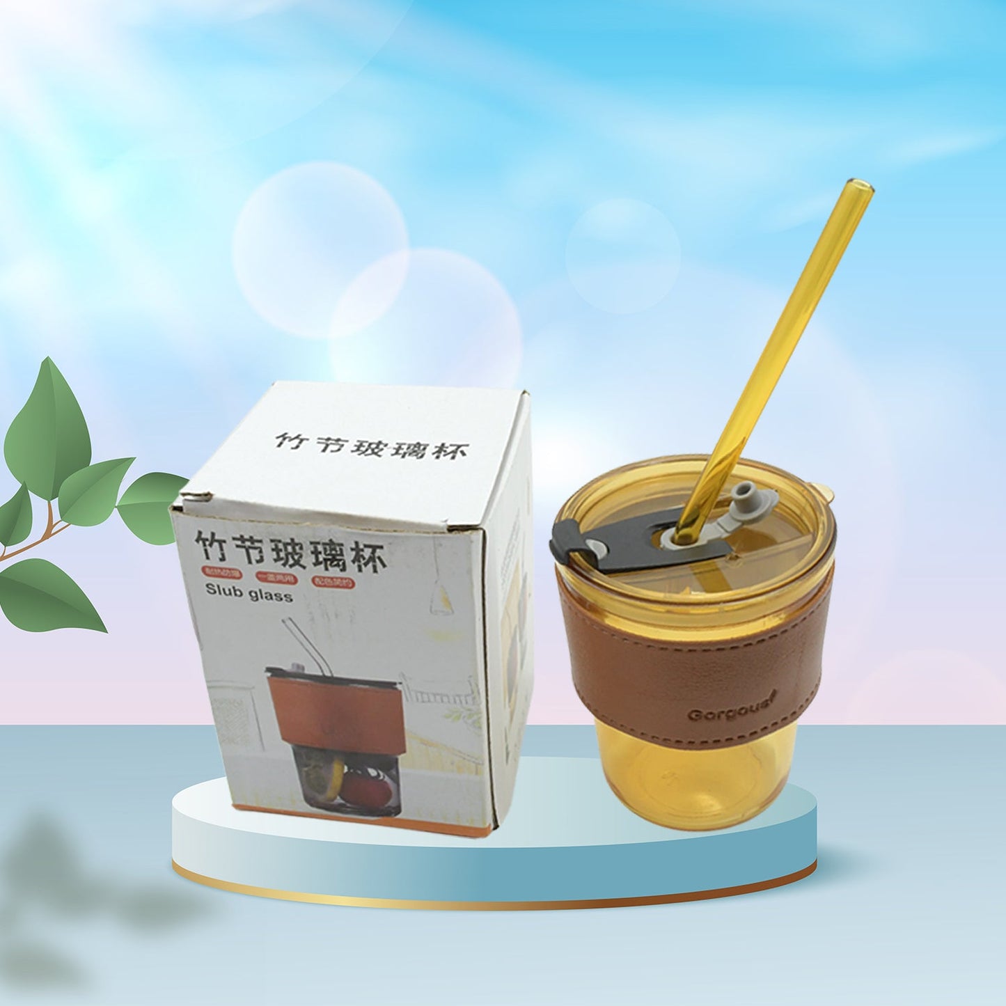 5887 Home Glass Coffee Mug/Tea Cup with Glass Straw and Leakproof Lid Travel Friendly Cups with Heatproof Sleeves