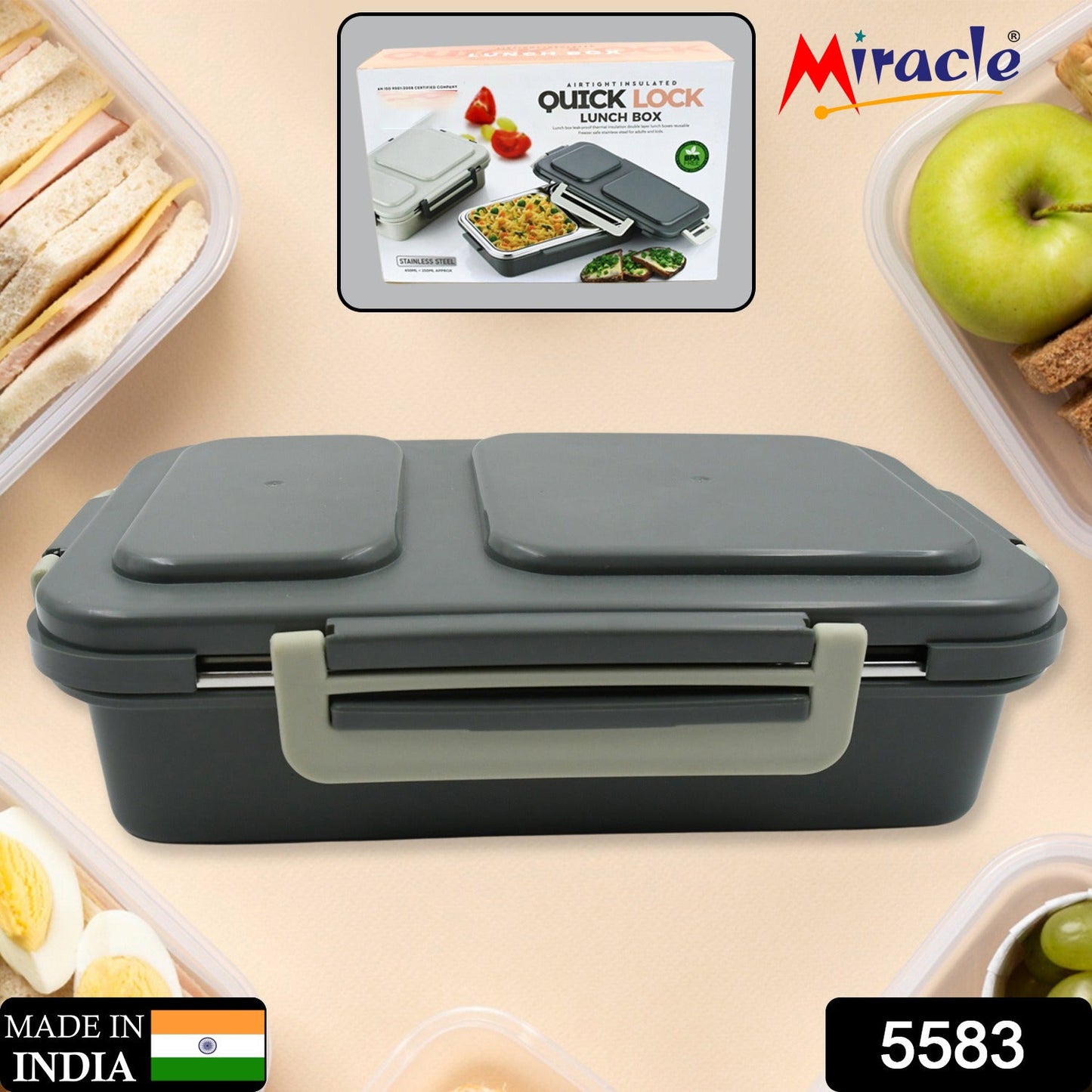 Miracle Quick Lock Leak Proof 2 Compartment Stainless Steel LUNCH BOX Inner Plate Reusable Microwave Freezer Safe Lunch Box Trendy Thermal Insulation Leak Proof for Office Vacuum Tiffin Box for Boys / Girls / School / Office Women and Men