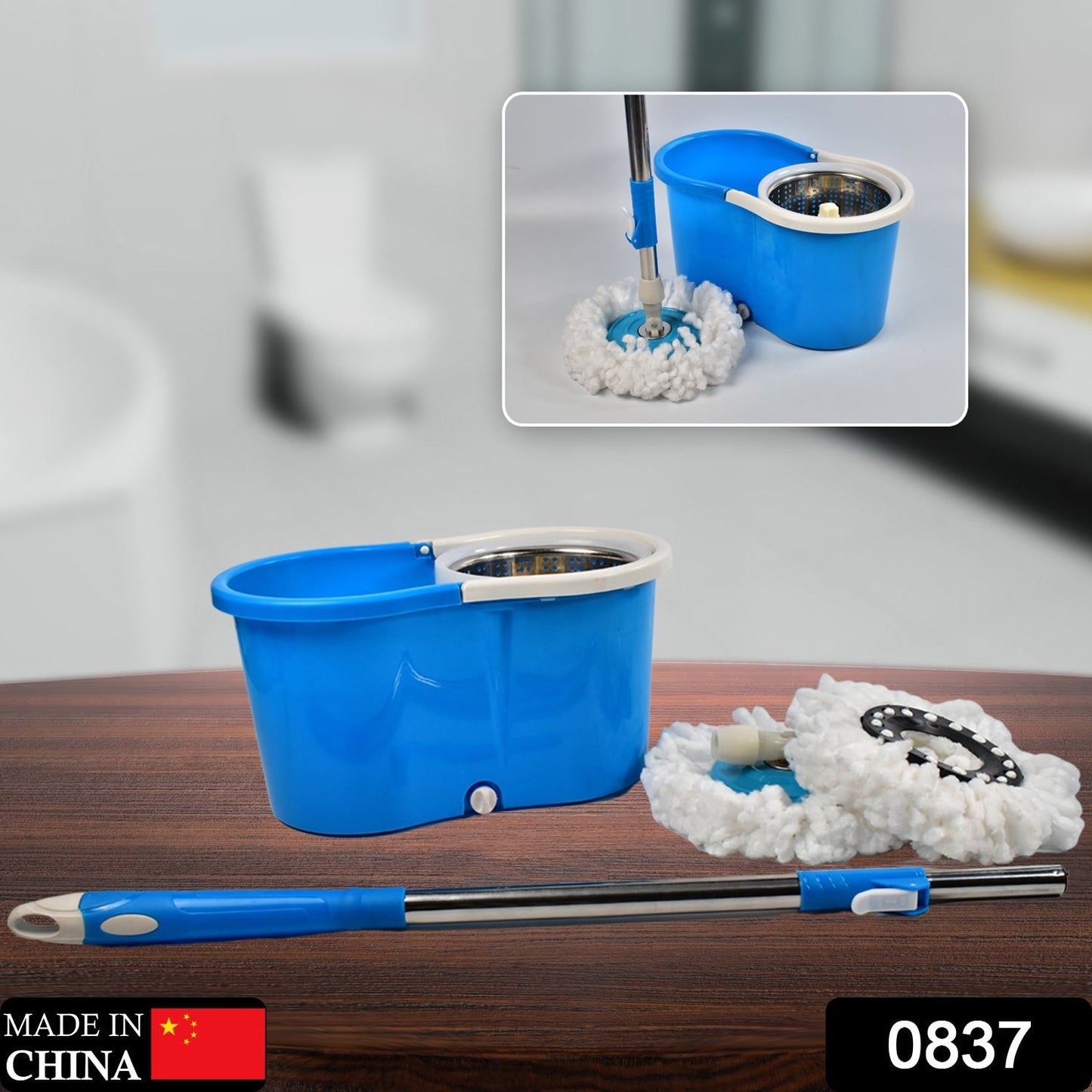 0837 Spin Floor Cleaning Easy Advance Tech Bucket Mop and Rotating Steel Pole Head with 2 Microfiber Refill Heads for Household Floor Cleaning (MOQ :- 25pc)