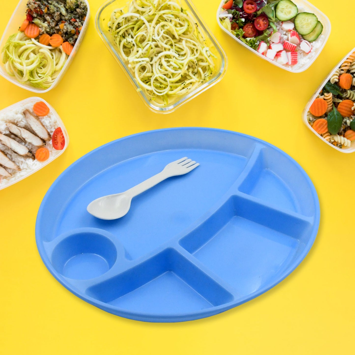 Plastic Food Plates / Biodegradable 5 Compartment Plate With Spoon for Food Snacks / Nuts / Desserts Plates for Kids, Reusable Plates for Outdoor, Camping, BPA-free (1 Pc)