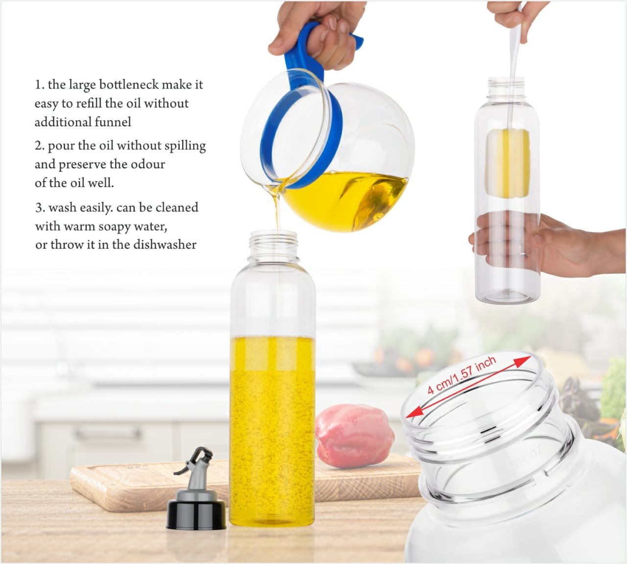 2288A 1LTR OIL DISPENSERWITH LID - CLEAR, DRIP FREE SPOUT, CONTROLLED USE