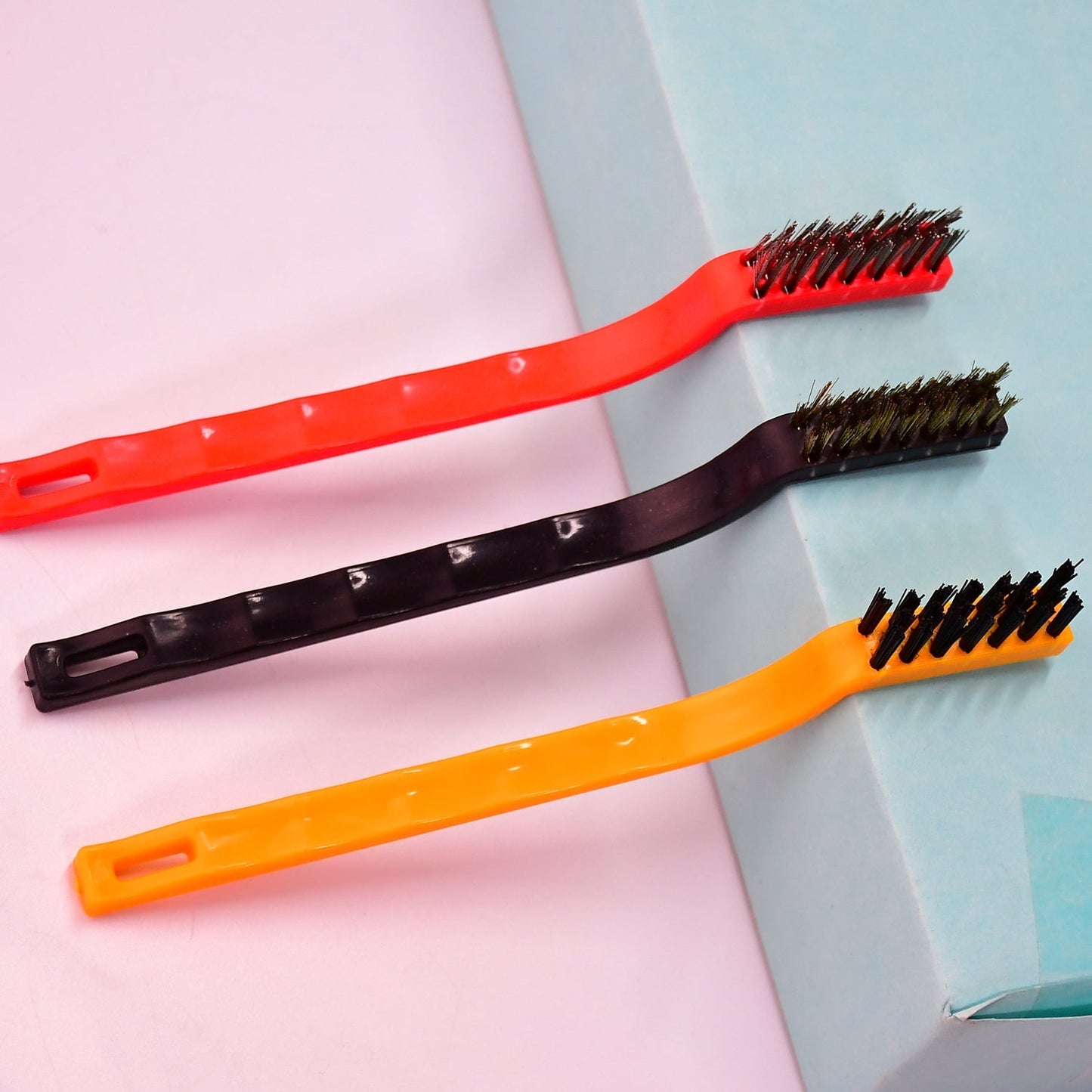 2166 3pc Mini Wire Brush Set Brass Nylon Stainless Steel Bristles Household Cleaning Brush for Gas Stove, Smoke Machine Tool Burner Tiles Tap Rust Removal Welding Slag Dirt & Paint Scrubbing.