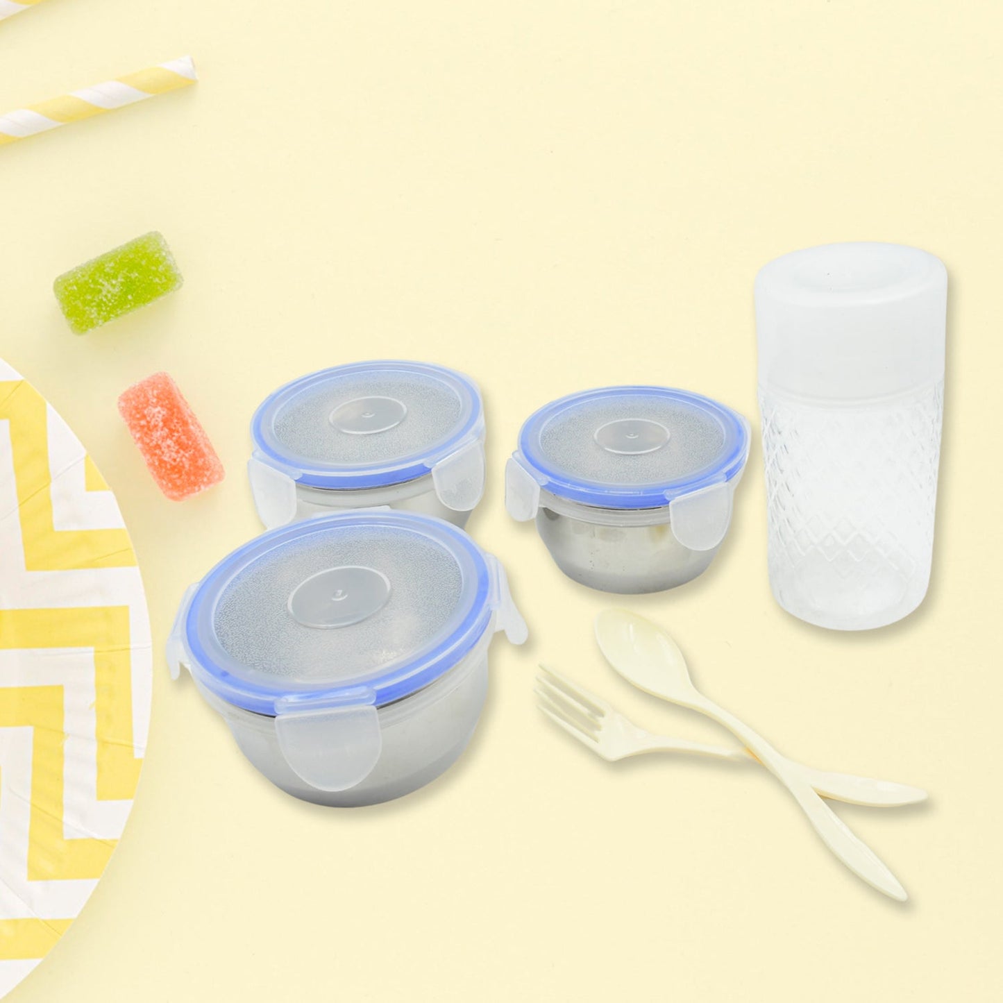 5773 6In1 Tiffin Box-Lunch Box | 3 Stainless Steel Containers | Plastic lid Box | Spoon & Fork /Plastic Bottle | Insulated Fabric Bag | Leak Proof | Microwave Safe for Office, College and School for Men, Women (6 pcs)