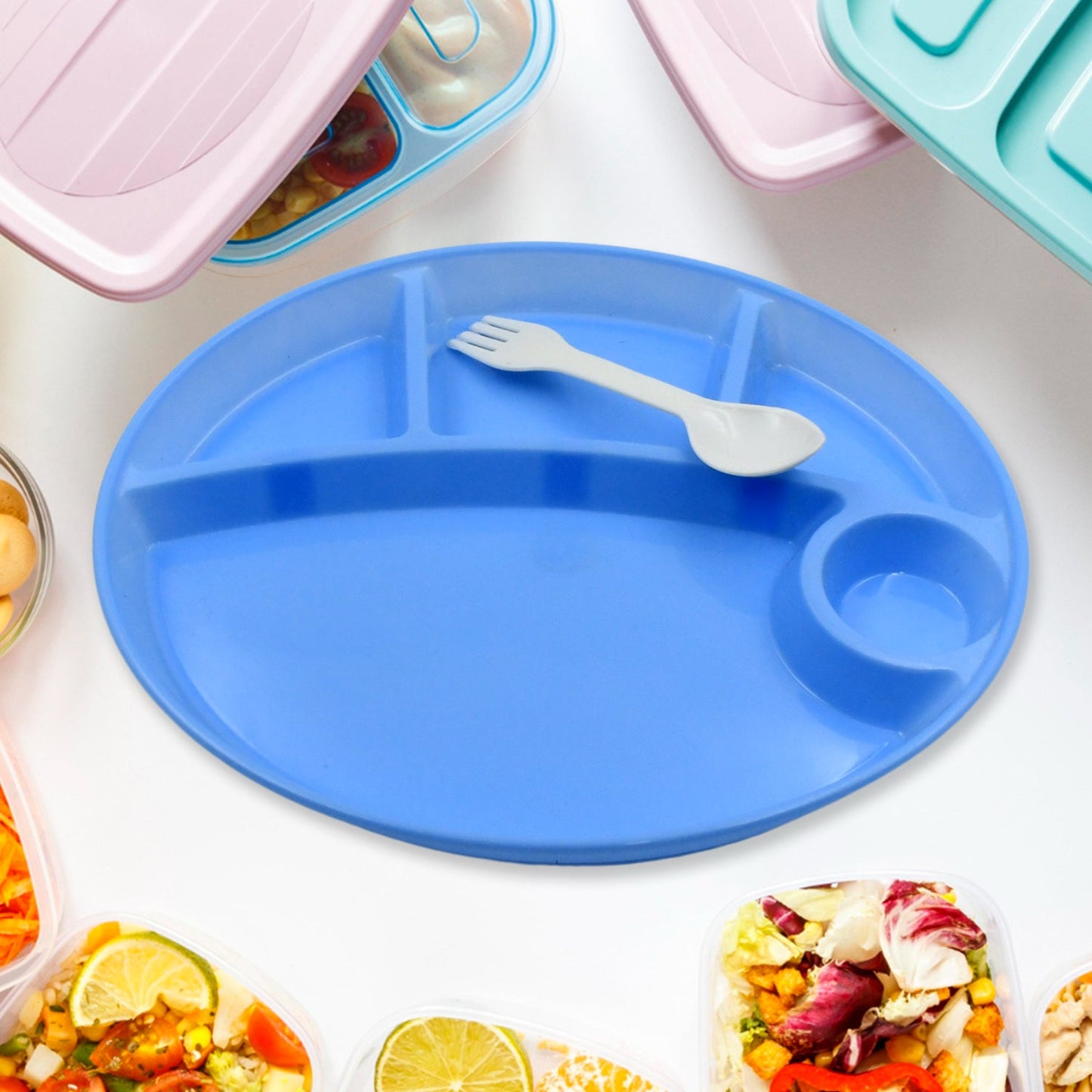 Plastic Food Plates / Biodegradable 5 Compartment Plate With Spoon for Food Snacks / Nuts / Desserts Plates for Kids, Reusable Plates for Outdoor, Camping, BPA-free (1 Pc)