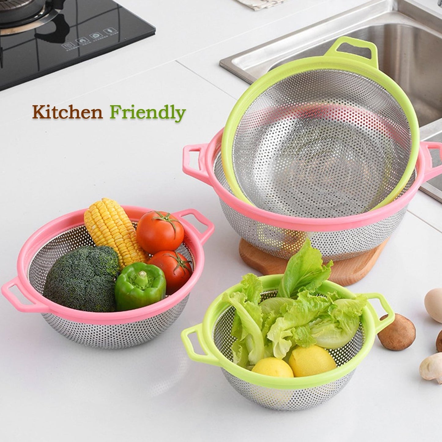 7145 Stainless Steel Colander with Handle, Large Metal Green Strainer for Pasta, Spaghetti, Berry, Veggies, Fruits, Kitchen Food Colander, Dishwasher Safe