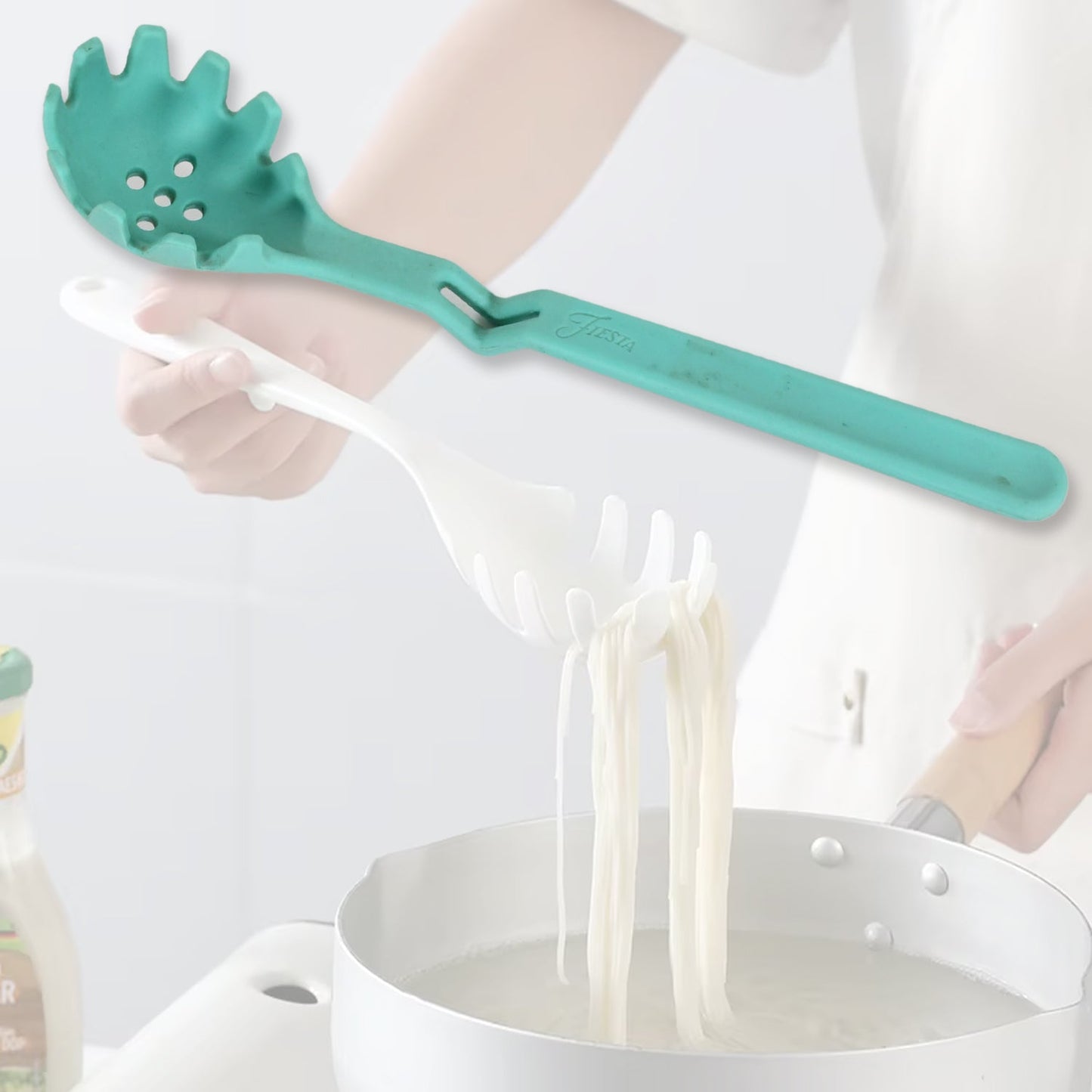 Premium XL Silicone Pasta Fork, High Heat Resistant to 600°F, Hygienic One Piece Design, Spaghetti Strainer & Server Spoon