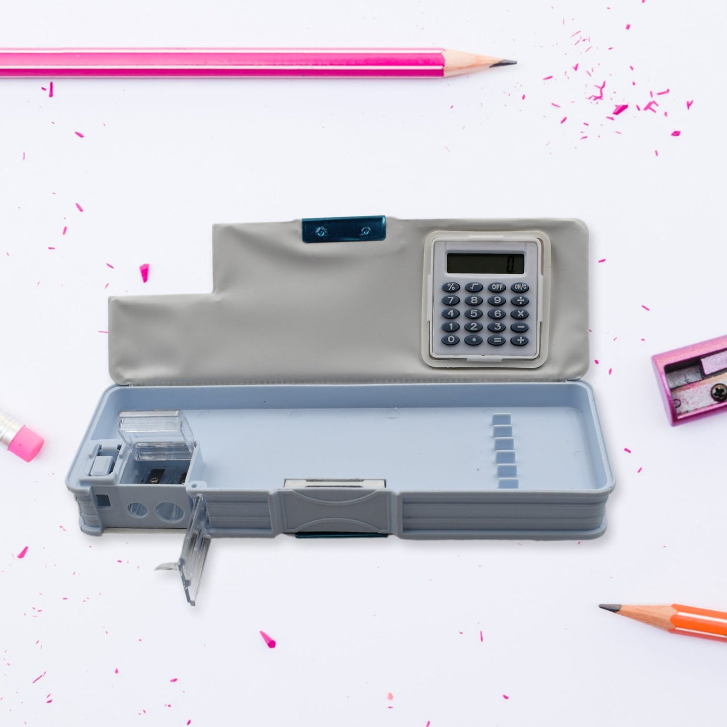 Double Sided Magnetic Geometry Box, Pencil Box with Calculator and Sharpener for Boys Art Plastic Pencil Box for Girls and Boys