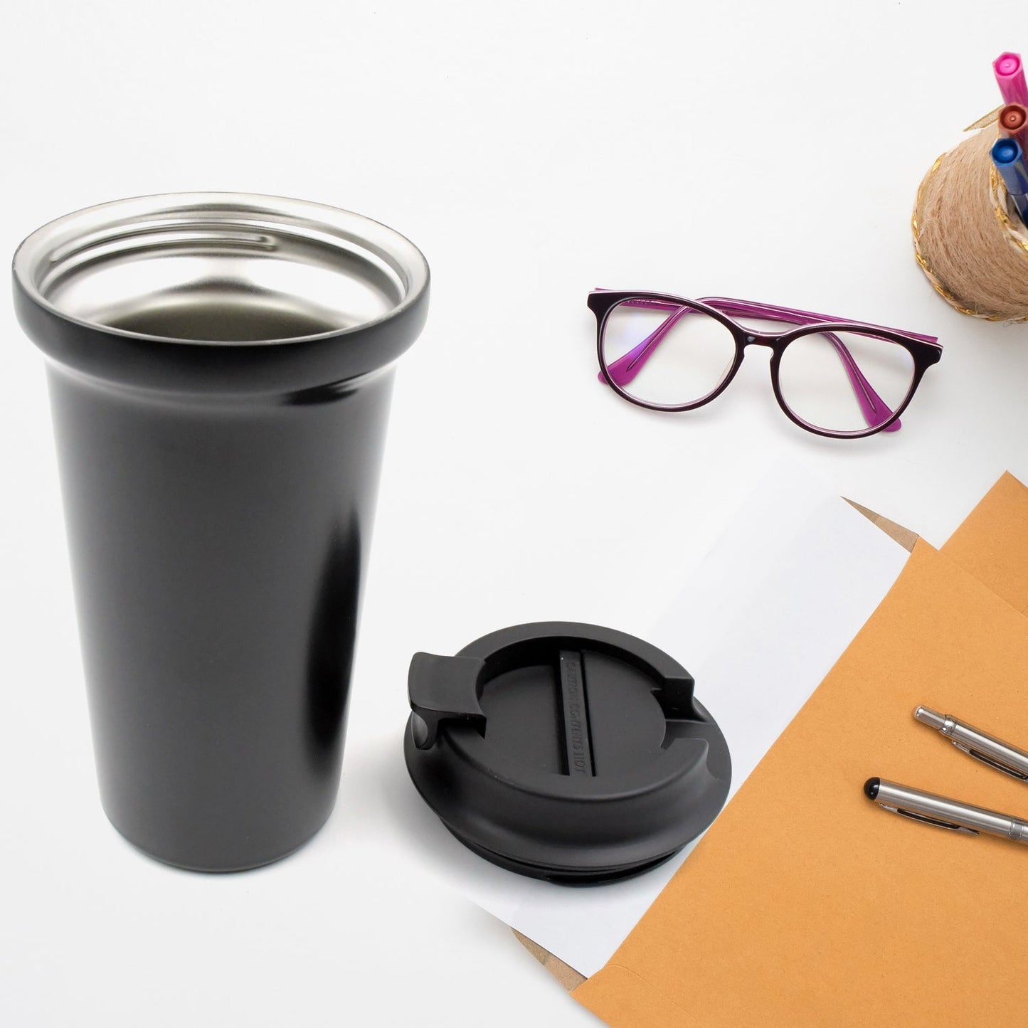 Inside Stainless Steel & Outside Plastic Vacuum Insulated Insulated Coffee Cups Double Walled Travel Mug, Car Coffee Mug with Leak Proof Lid Reusable Thermal Cup for Hot Cold Drinks Coffee, Tea (1 Pc)