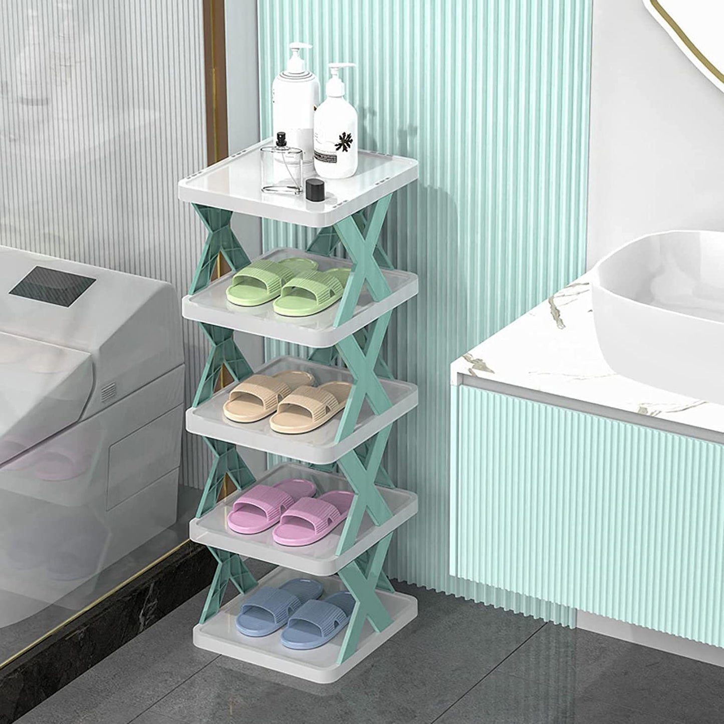 9054A 5 Tier Shoes Stand, Shoe Tower Rack Suit for Small Spaces, Closet, Small Entryway, Easy Assembly and Stable in Structure, Corner Storage Cabinet for Saving Space