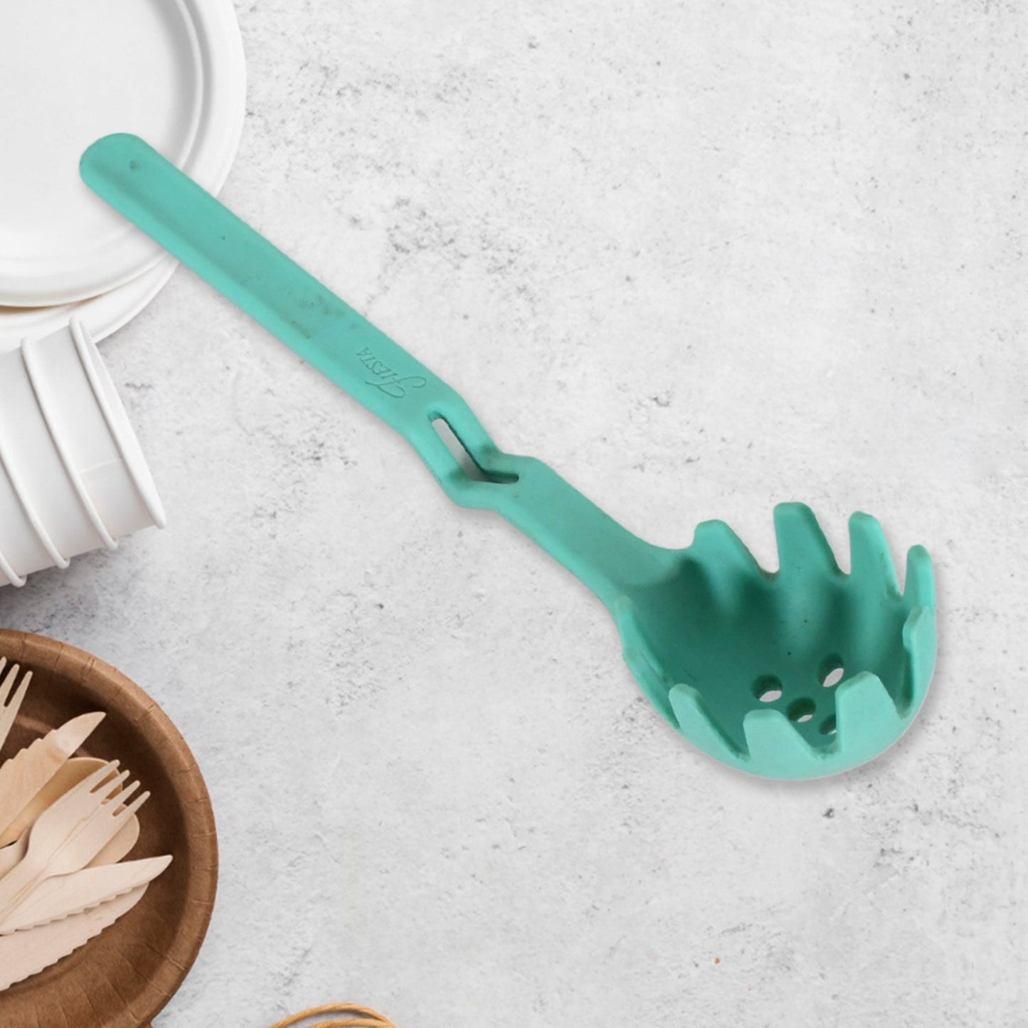 Premium XL Silicone Pasta Fork, High Heat Resistant to 600°F, Hygienic One Piece Design, Spaghetti Strainer & Server Spoon