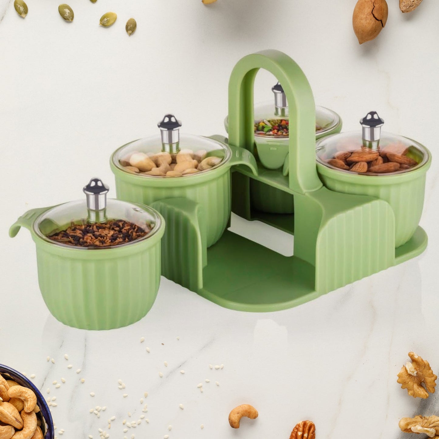 5779 Multipurpose Jar Dryfruit Set, Candy, Chocolate, Snacks Storage Jar, Masala Jar for Home and Kitchen Airtight Dry Fruit Plastic Storage Container Tray Set With Lid & 4 Serving Jar Container for Sweets,Chips,Cookies|(4 Pc Set)