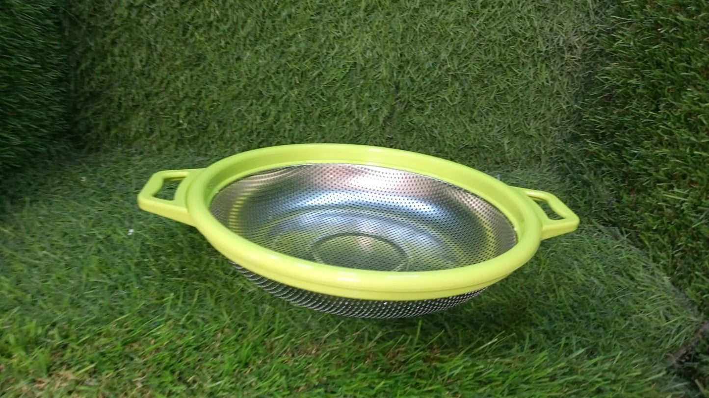 Stainless Steel Colander with Handle, Large Metal Green Strainer for Pasta, Spaghetti, Berry, Veggies, Fruits, Kitchen Food Colander, Dishwasher Safe