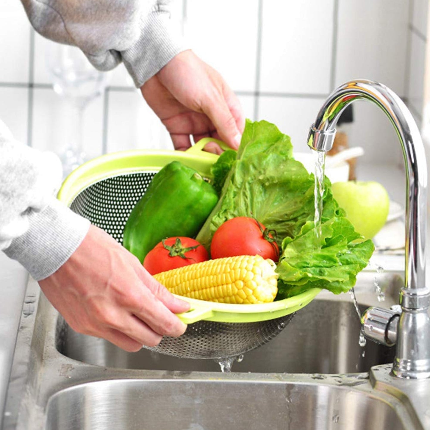 7145 Stainless Steel Colander with Handle, Large Metal Green Strainer for Pasta, Spaghetti, Berry, Veggies, Fruits, Kitchen Food Colander, Dishwasher Safe