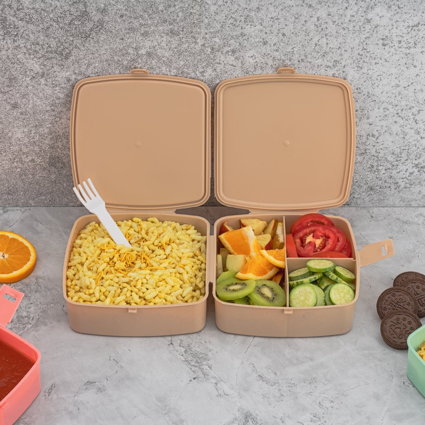 Double-Layer Square Lunch Box with Spoon , 4 Compartment Tiffin & Push Lock , Plastic Tiffin Box for Travelling, School Kids & Office Exclusive, Home
