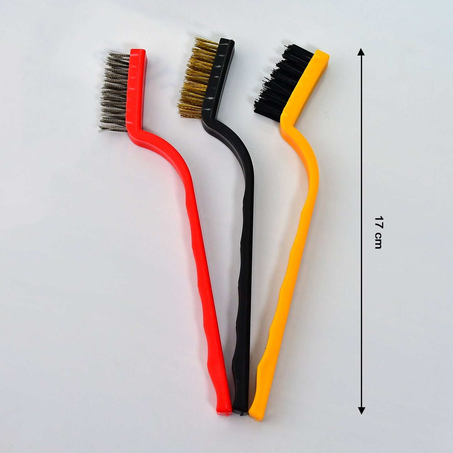 2166 3pc Mini Wire Brush Set Brass Nylon Stainless Steel Bristles Household Cleaning Brush for Gas Stove, Smoke Machine Tool Burner Tiles Tap Rust Removal Welding Slag Dirt & Paint Scrubbing.