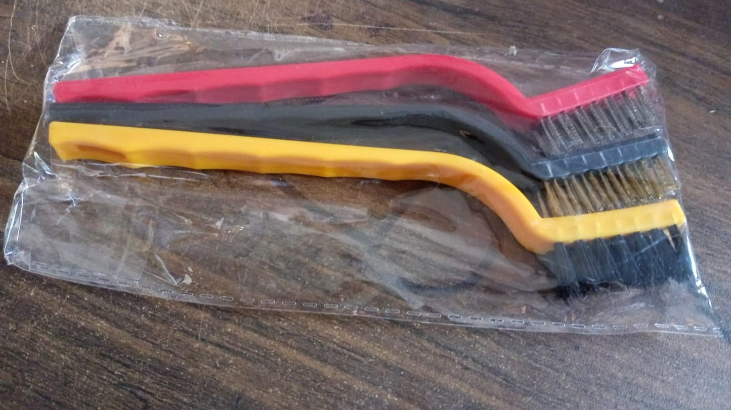 2166 3pc Mini Wire Brush Set Brass Nylon Stainless Steel Bristles Household Cleaning Brush for Gas Stove, Smoke Machine Tool Burner Tiles Tap Rust Removal Welding Slag Dirt & Paint Scrubbing.