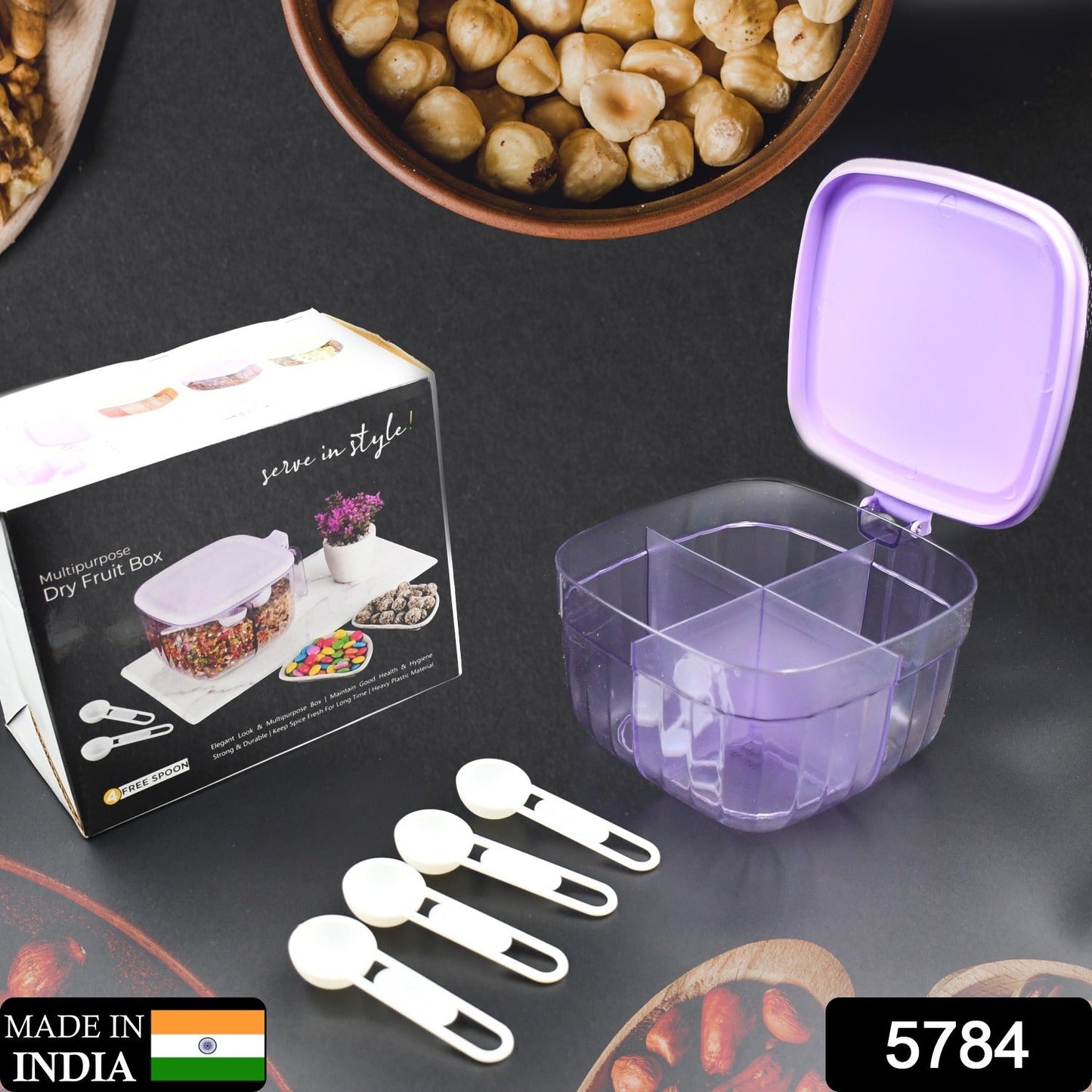 5784 Multipurpose Dry fruit Set, Chocolate, Snacks Storage Box, Masala Box for Home and Kitchen Airtight Dry Fruit Plastic Storage Container Tray Set With Lid & 4 Compartment, 4 Spoon Container for Sweets,Chips,Cookies | (1 Pc )