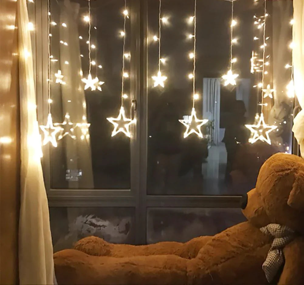 12 Stars LED Curtain String Lights with 8 Flashing Modes for Home Decoration, Diwali & Wedding LED Christmas Light Indoor and Outdoor Light ,Festival Decoration (Warm White)