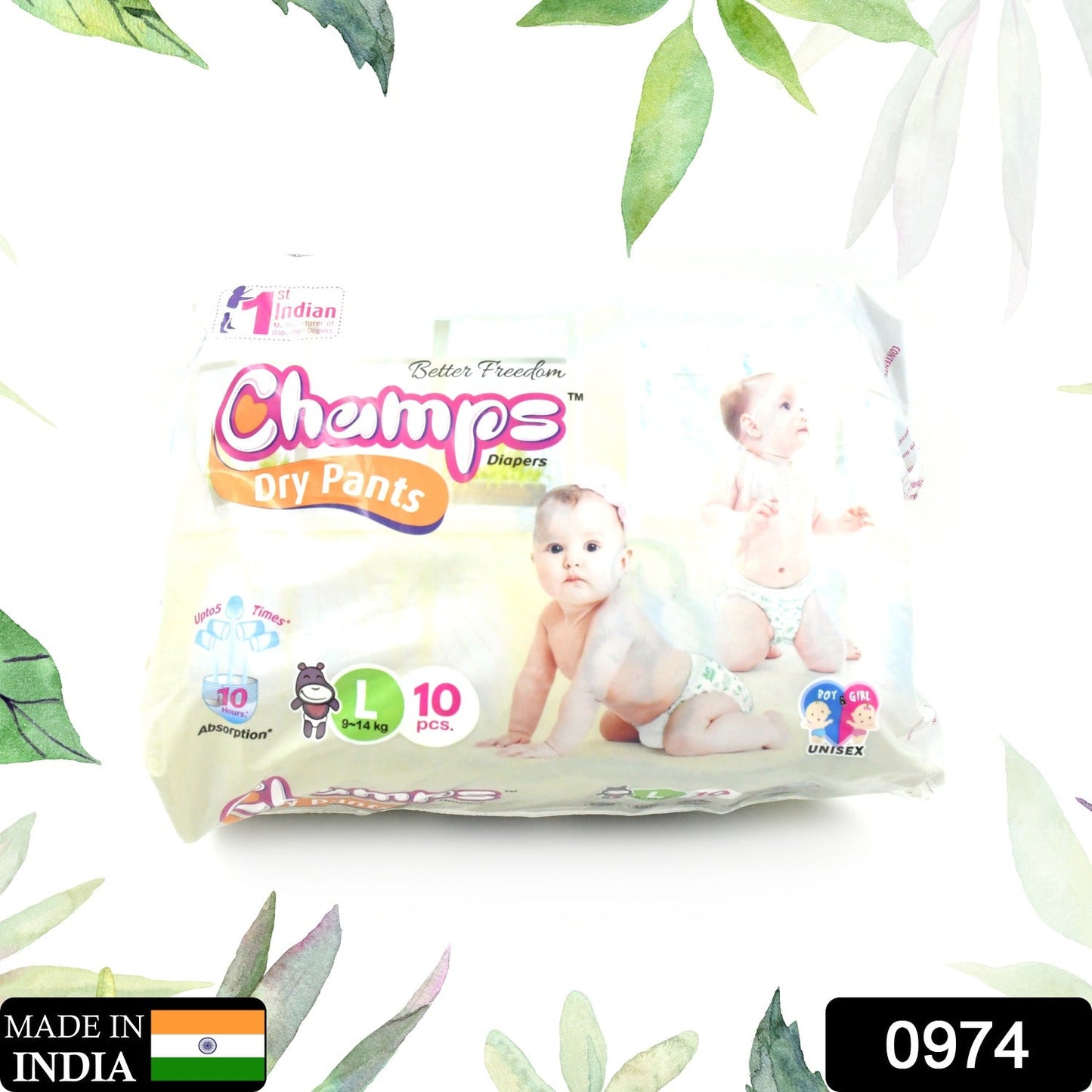 0974 Large Champs Dry Pants Style Diaper - Large (10 pcs) Best for Travel Absorption, Champs Baby Diapers, Champs Soft and Dry Baby Diaper Pants (L,10 Pcs )