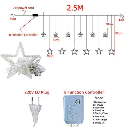 12 Stars LED Curtain String Lights with 8 Flashing Modes for Home Decoration, Diwali & Wedding LED Christmas Light Indoor and Outdoor Light ,Festival Decoration (Warm White)