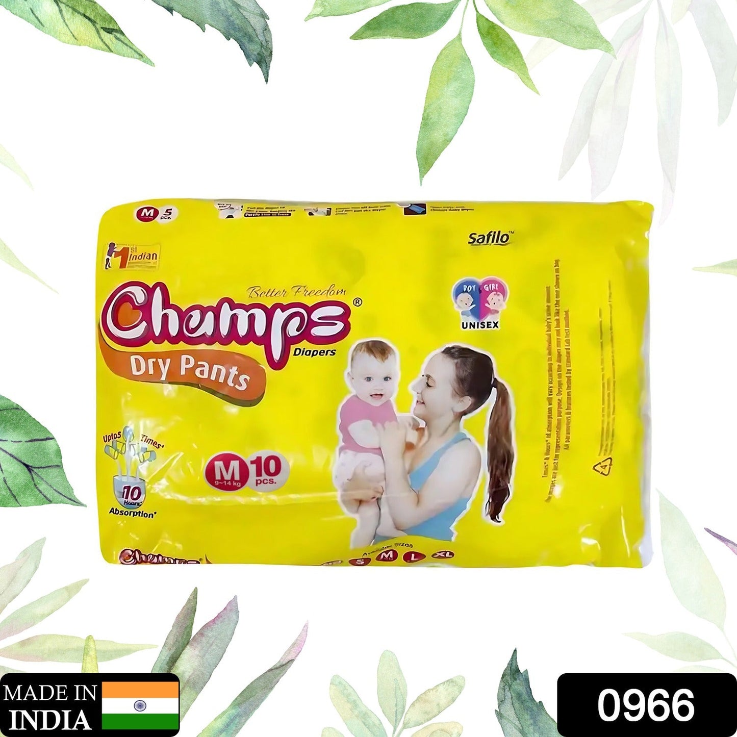 0966 Medium Champs Dry Pants Style Diaper - Medium (10 pcs) Best for Travel Absorption, Champs Baby Diapers, Champs Soft and Dry Baby Diaper Pants (M, 10 Pcs )