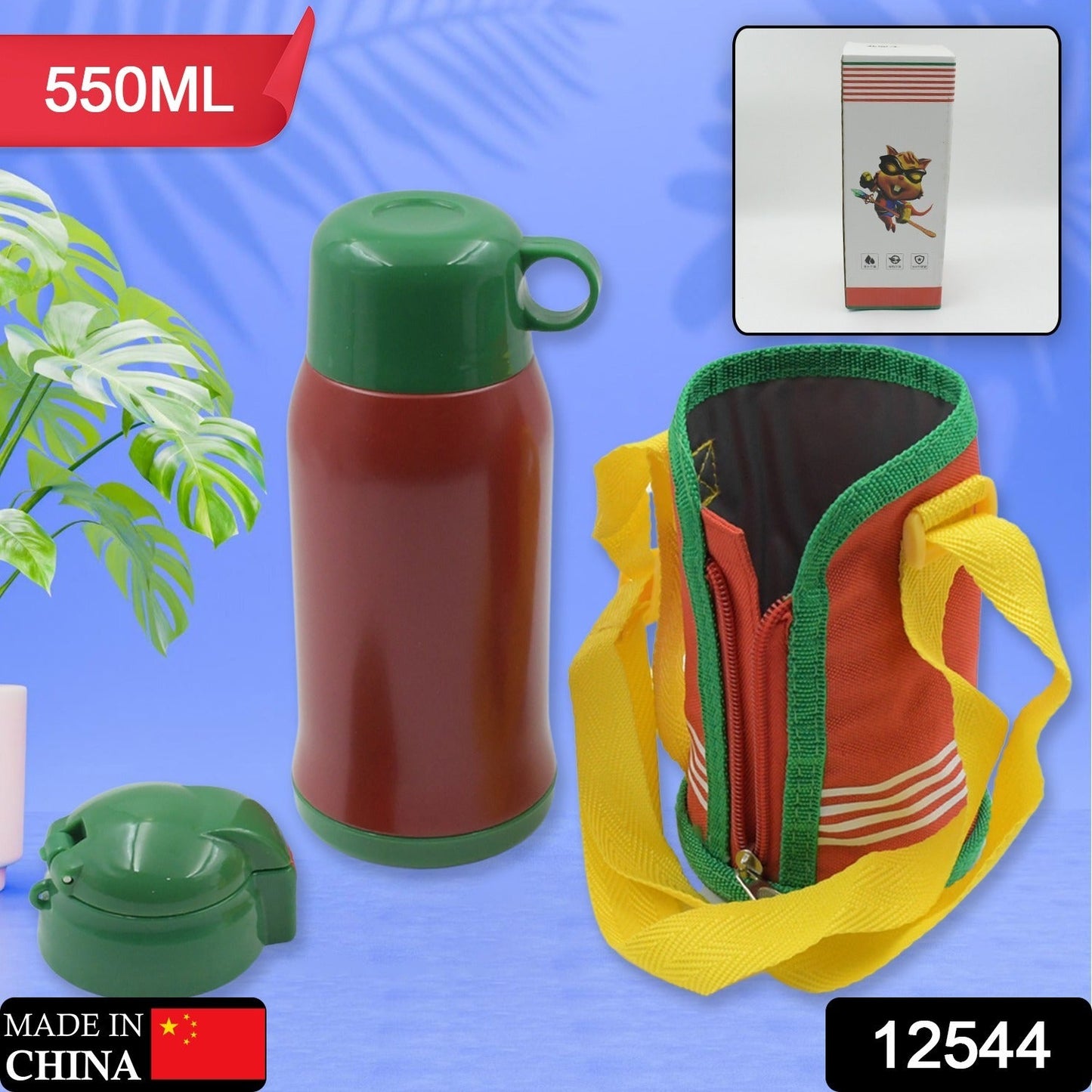 12544 Premium Stainless Steel Insulated Sipper Bottle Print Water FlaskCartoon Vacuum Hot Cold For Kids / Travelling Water Bottle for Kids with Pop up Straw, Double Wall Thermos with Straw & Bottle Zippe Cover For office/Gym/School (550 ML)