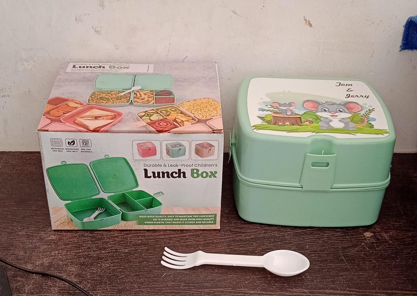 Double-Layer Square Lunch Box with Spoon , 4 Compartment Tiffin & Push Lock , Plastic Tiffin Box for Travelling, School Kids & Office Exclusive, Home