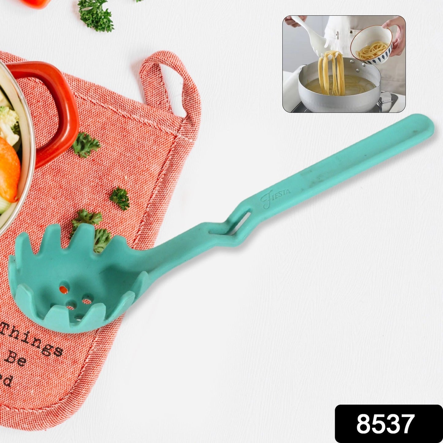Premium XL Silicone Pasta Fork, High Heat Resistant to 600°F, Hygienic One Piece Design, Spaghetti Strainer & Server Spoon