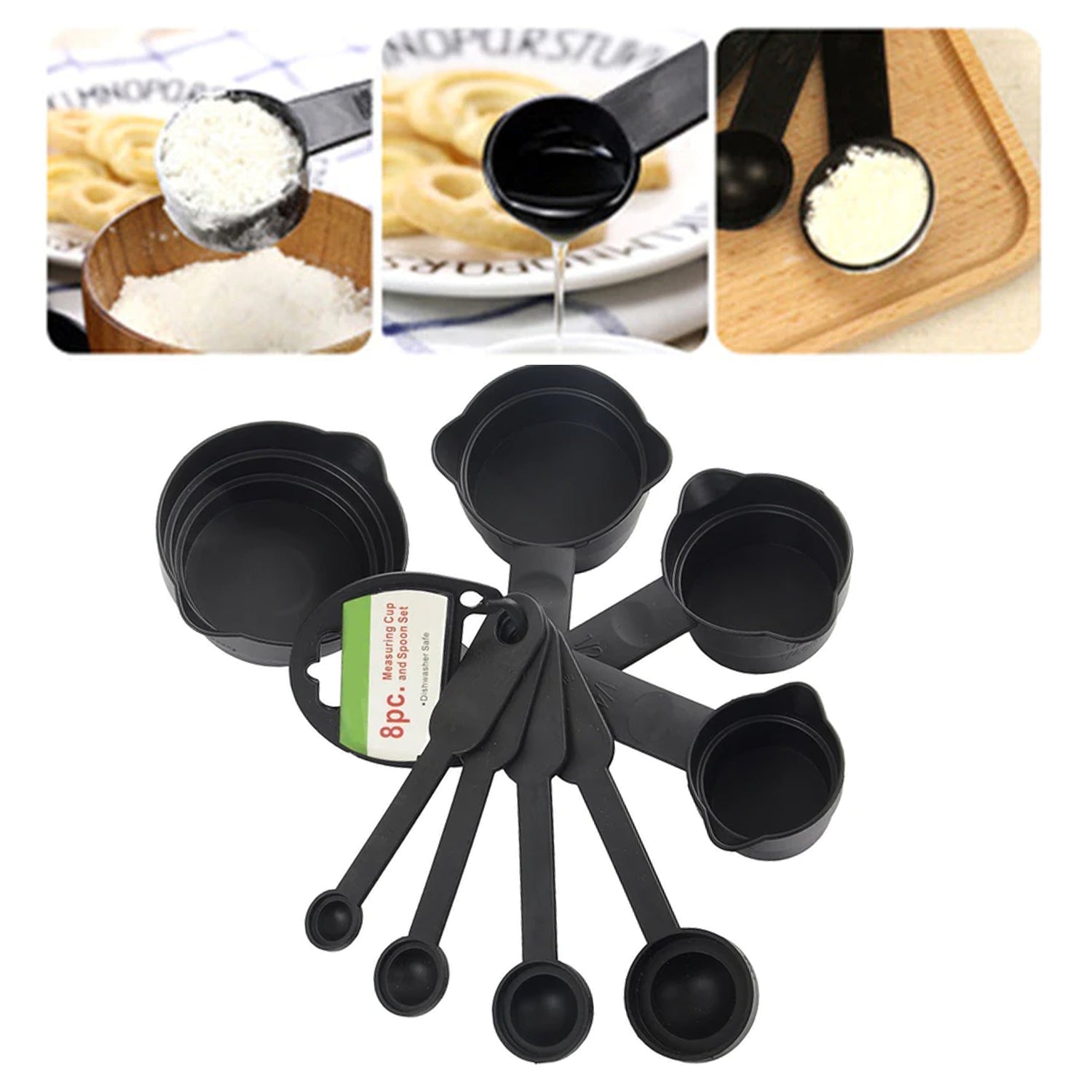 106 Plastic Measuring Cups and Spoons (8 Pcs, Black) Your Brand