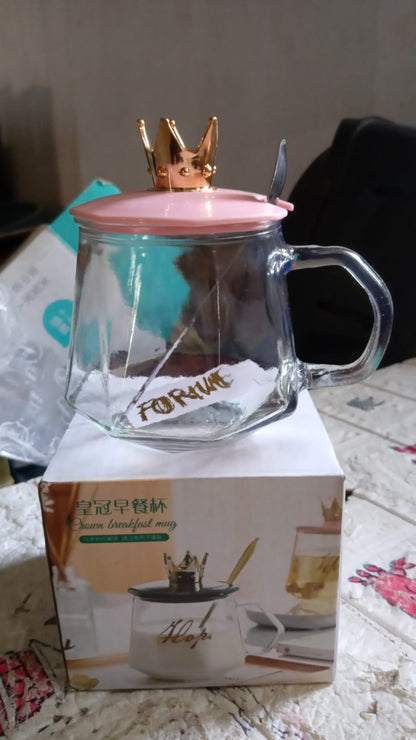 Tea-Coffee Mug Golden Crown Shape and Stainless Spoon, Glass Cup With Hand, Milk, Chocolate and Beverage, Tea and Water, Clear Drinking Cups (1 Pc)