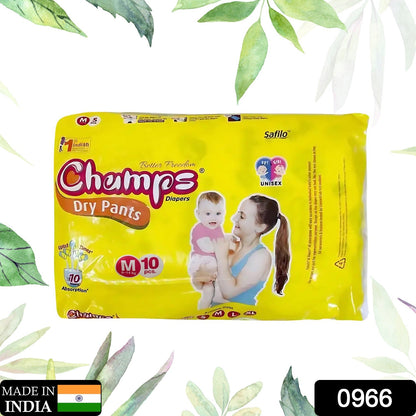 0966 Medium Champs Dry Pants Style Diaper - Medium (10 pcs) Best for Travel  Absorption, Champs Baby Diapers, Champs Soft and Dry Baby Diaper Pants (M, 10 Pcs )