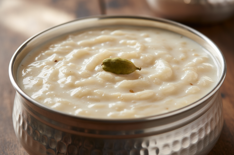 a close up image of Indian kheer on silver bowl, with 1 green cardamom on top of it 