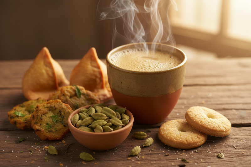 a close up image of Indian masala chai with some indian snacks by its side, and a small brown of green cardamom amongst them