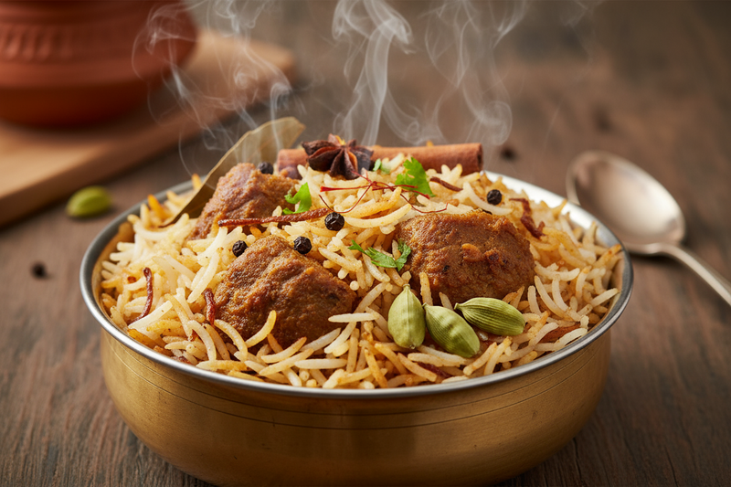 a close up image of traditional hyderabadi biryani served hot, with 2-3 pieces of green cardamom visible to balance colour
