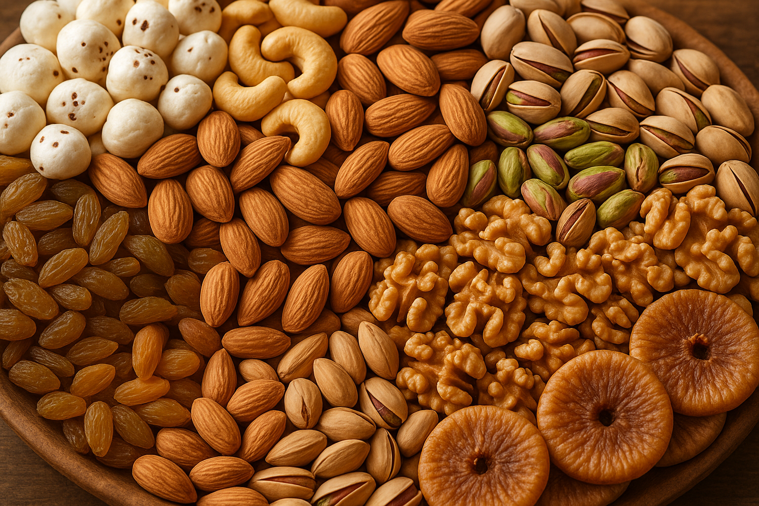 dry Fruits like cashew, almond, puffed lotus seeds, pistachios, walnuts etc